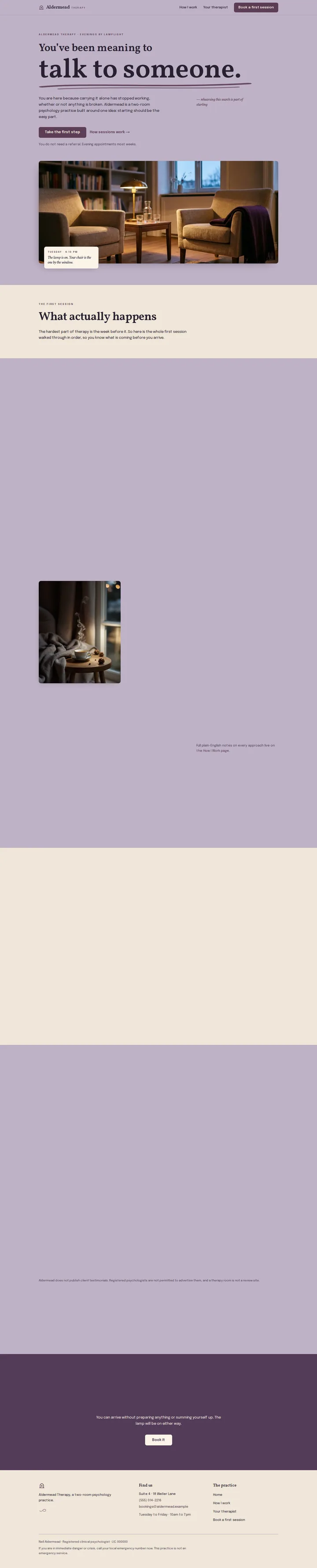 Aldermead Therapy, the home page top to bottom