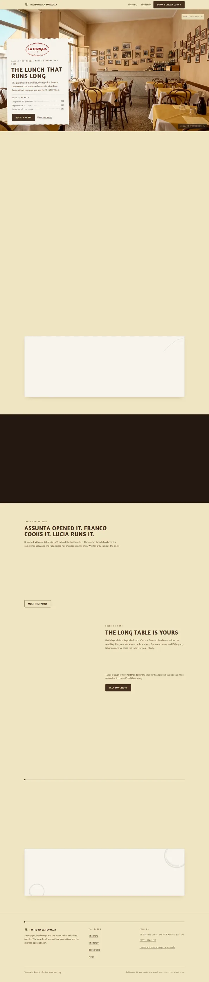 The Trattoria La Tovaglia restaurant and family trattoria template, shown on a desktop screen