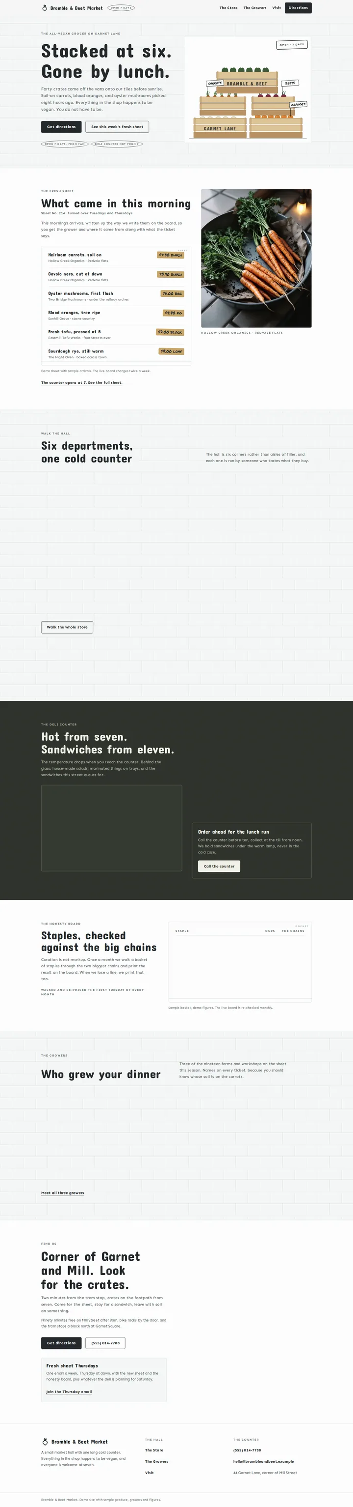 The Bramble & Beet Market vegan grocer and deli template, shown on a desktop screen
