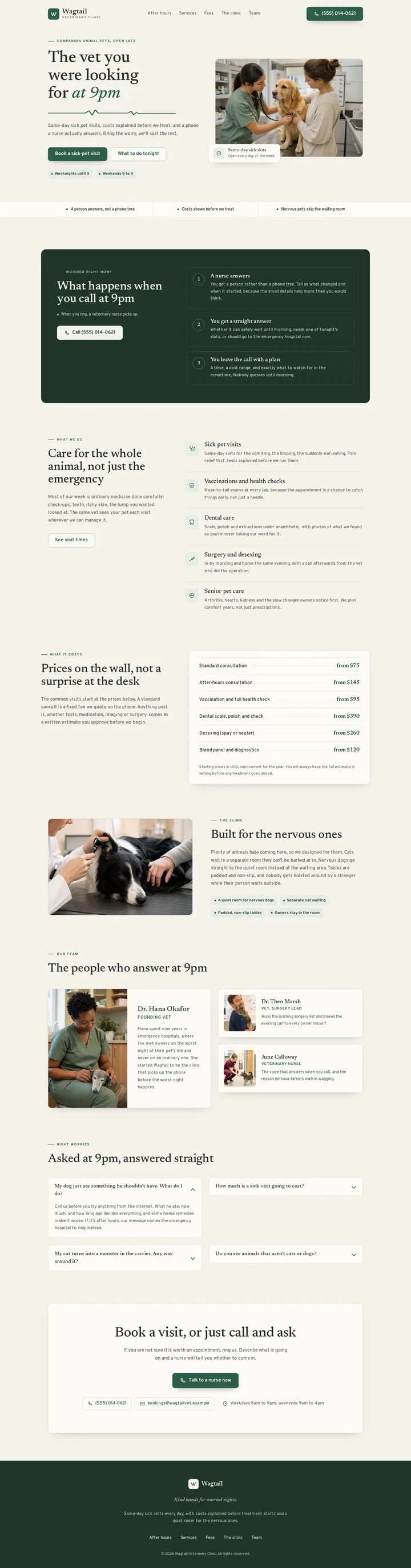 Wagtail Veterinary Clinic, the home page top to bottom