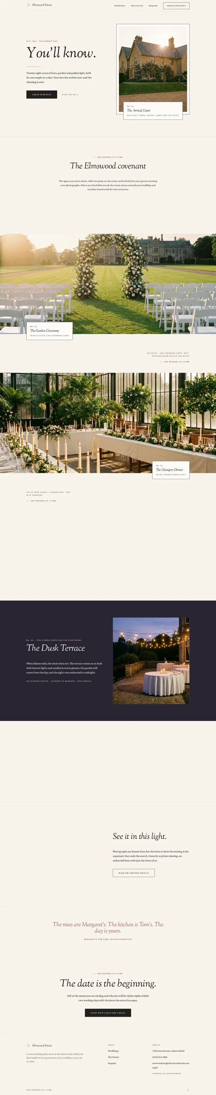 The Elmswood Estate wedding venue template, shown on a desktop screen